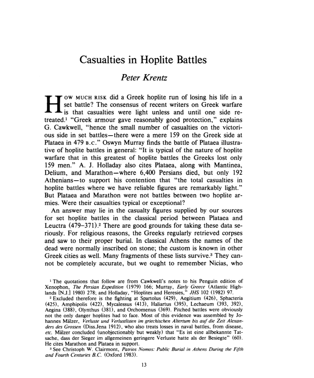 Casualties in Hoplite Battles , Greek, Roman and Byzantine Studies, 26:1 (1985:Spring) P.13