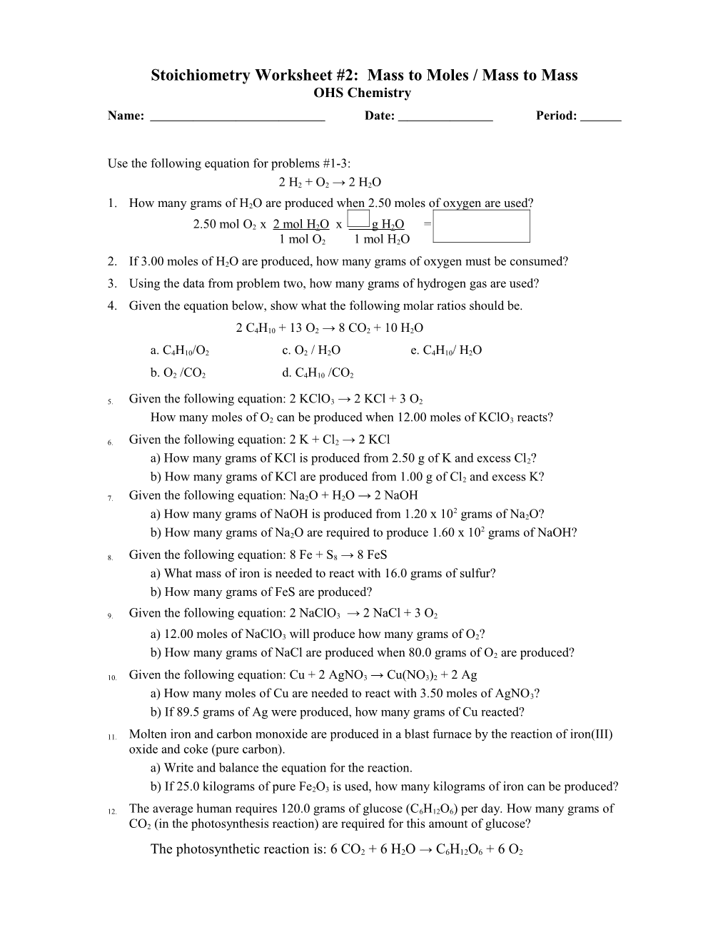 Grams to Moles Worksheet