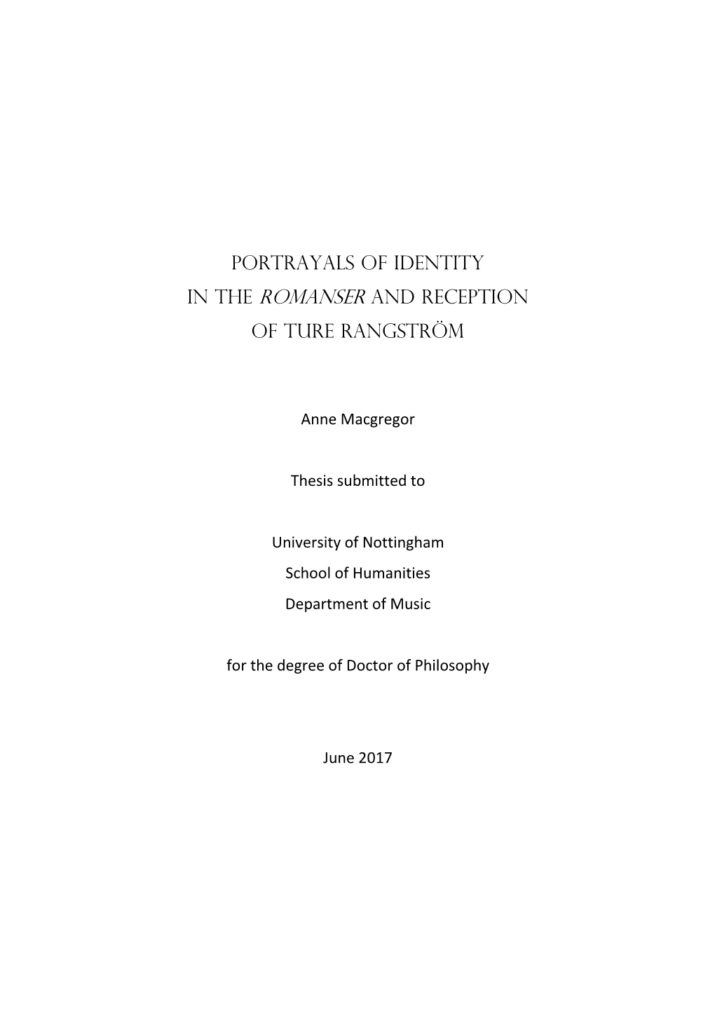 Portrayals of Identity in the Romanser and Reception of Ture Rangström