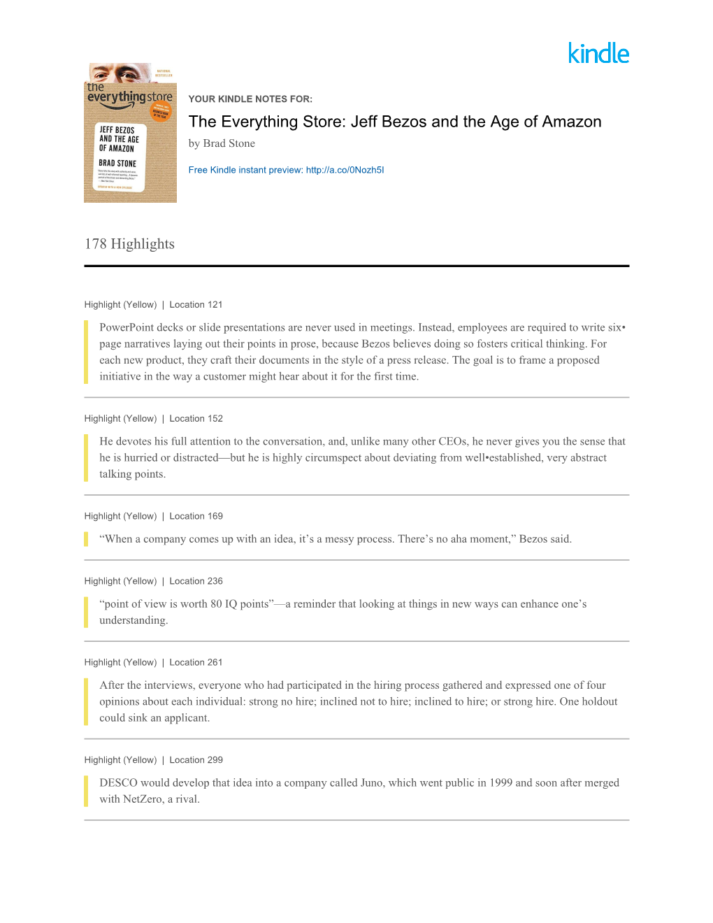 YOUR KINDLE NOTES FOR: the Everything Store: Jeff Bezos and the Age of Amazon by Brad Stone