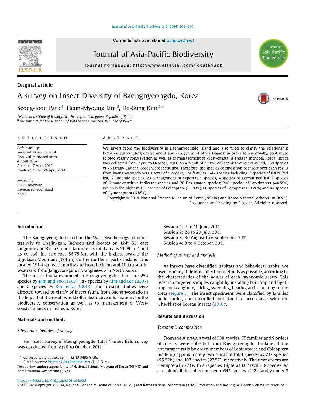 A Survey on Insect Diversity of Baengnyeongdo, Korea