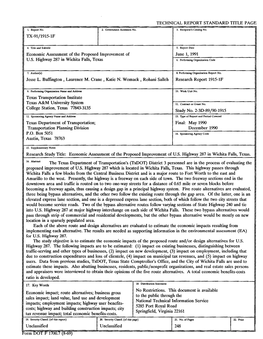 Economic Assessment of the Proposed Improvement of June 1, 1991 U.S