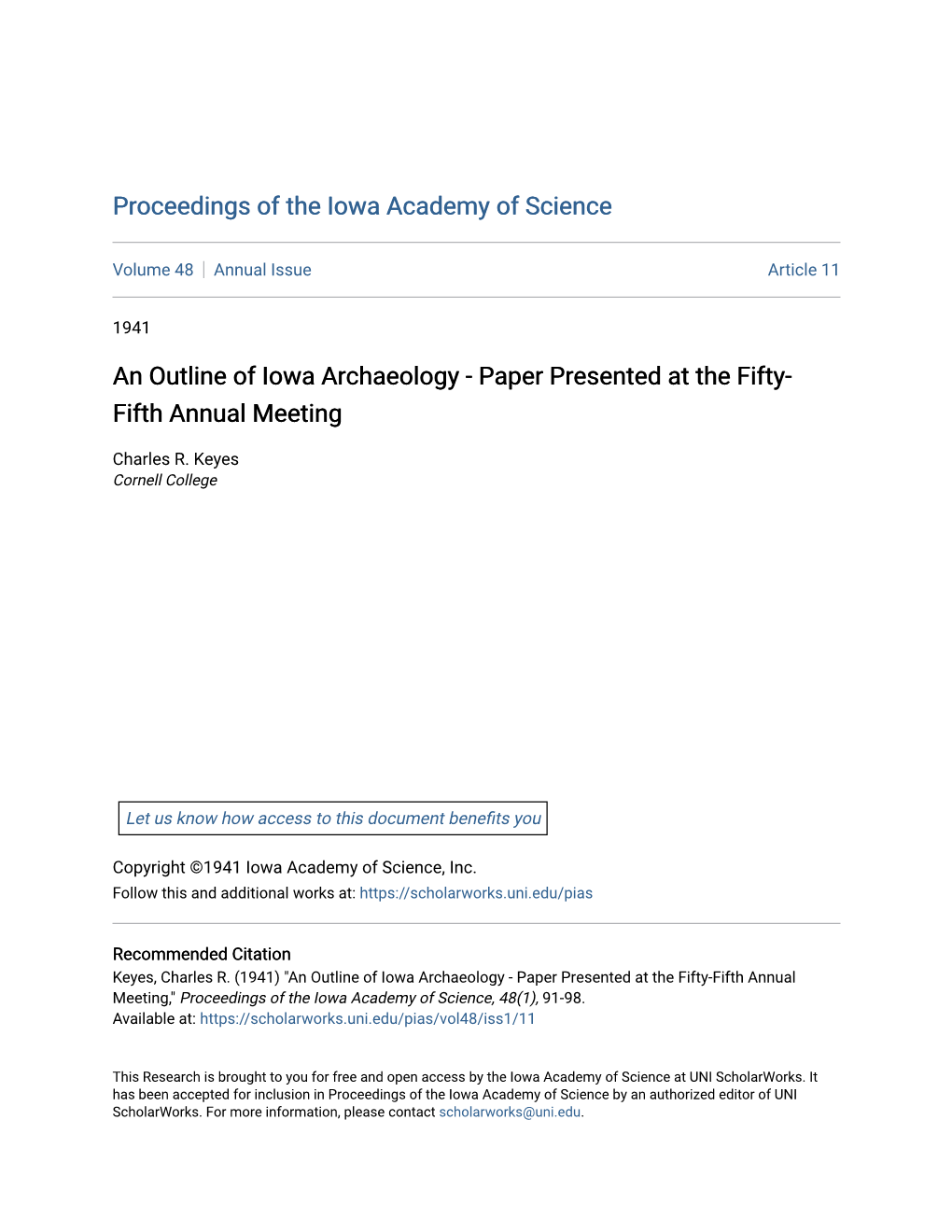 An Outline of Iowa Archaeology - Paper Presented at the Fifty- Fifth Annual Meeting