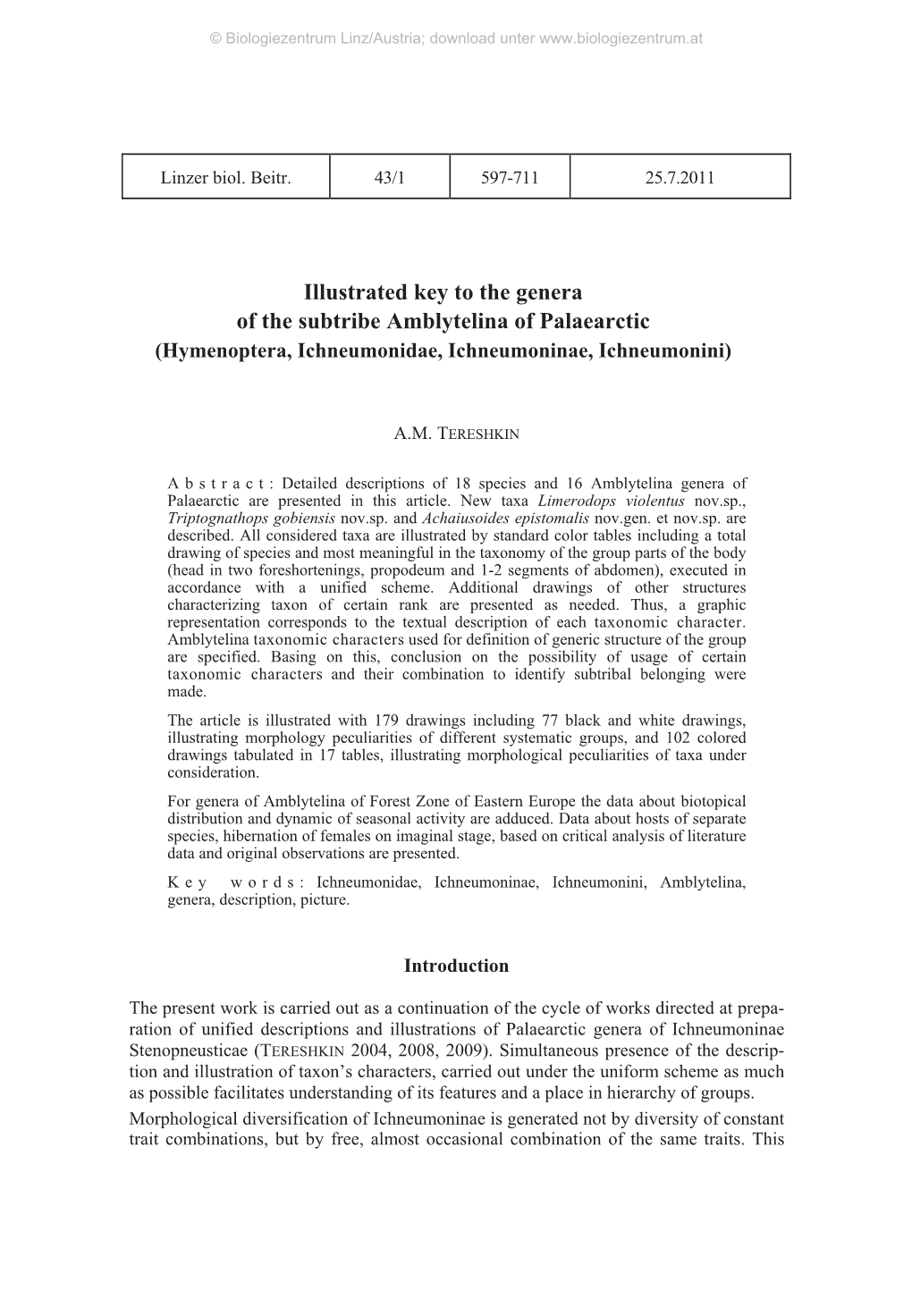 Illustrated Key to the Genera of the Subtribe Amblytelina of Palaearctic (Hymenoptera, Ichneumonidae, Ichneumoninae, Ichneumonini)