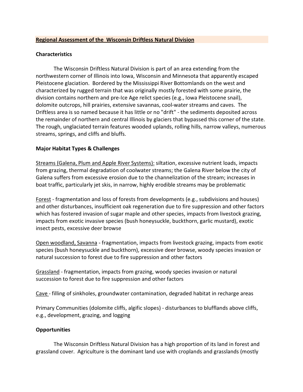 Regional Assessment of the Wisconsin Driftless Natural Division