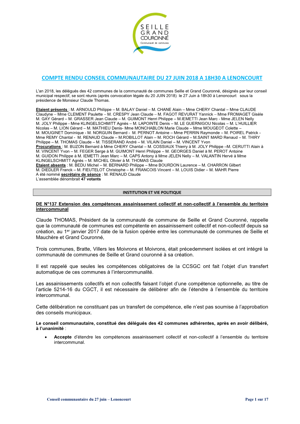 Compte Rendu Conseil Communautaire Du 27 Juin 2018 a 18H30 a Lenoncourt