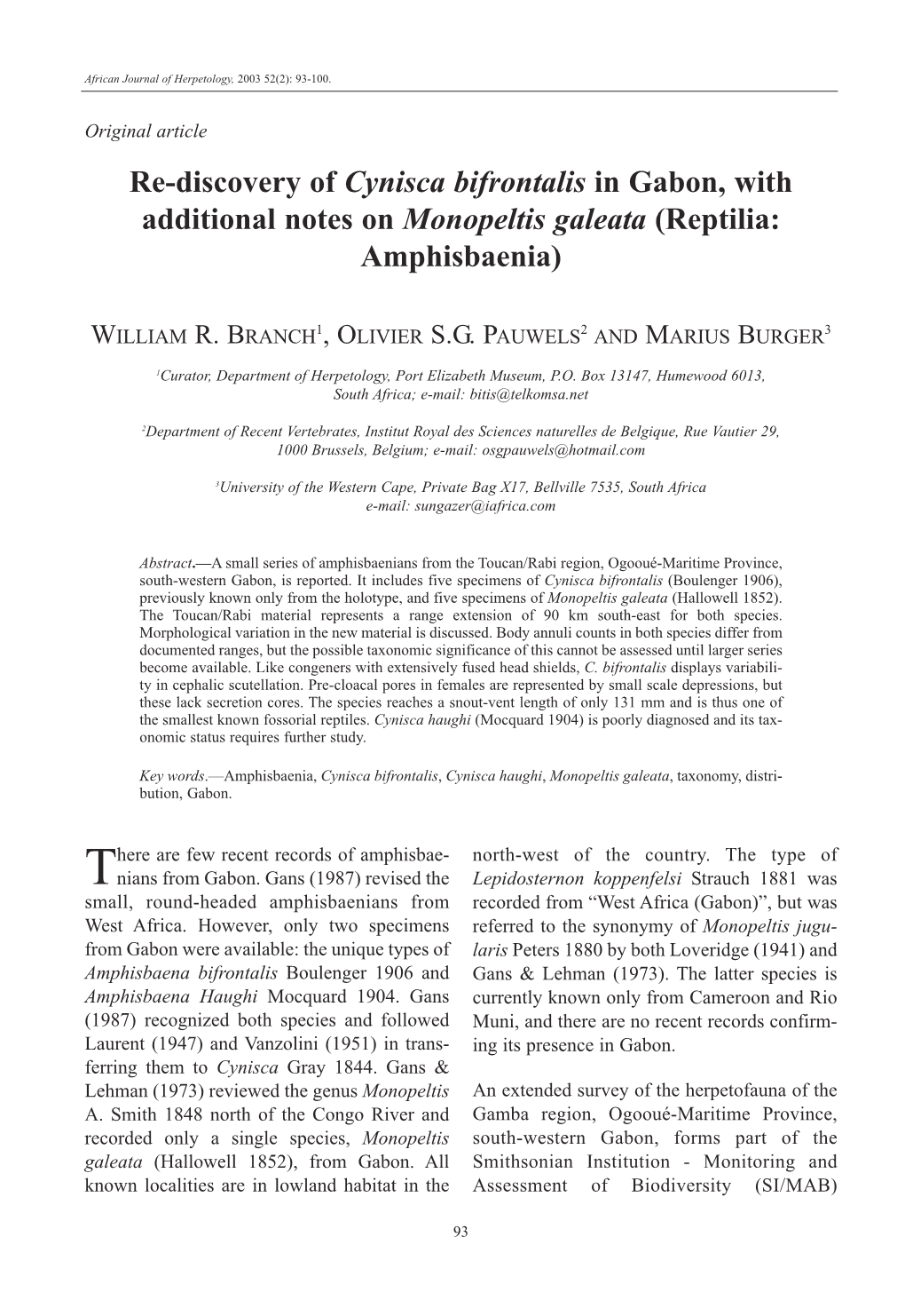 Re-Discovery of Cynisca Bifrontalis in Gabon, with Additional Notes on Monopeltis Galeata (Reptilia: Amphisbaenia)