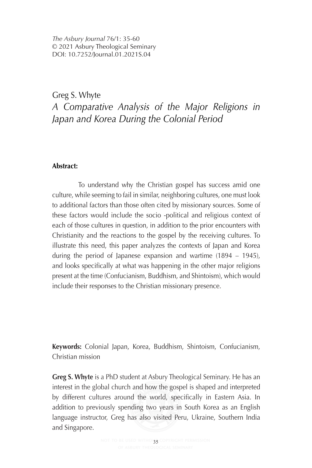 A Comparative Analysis of the Major Religions in Japan and Korea During the Colonial Period