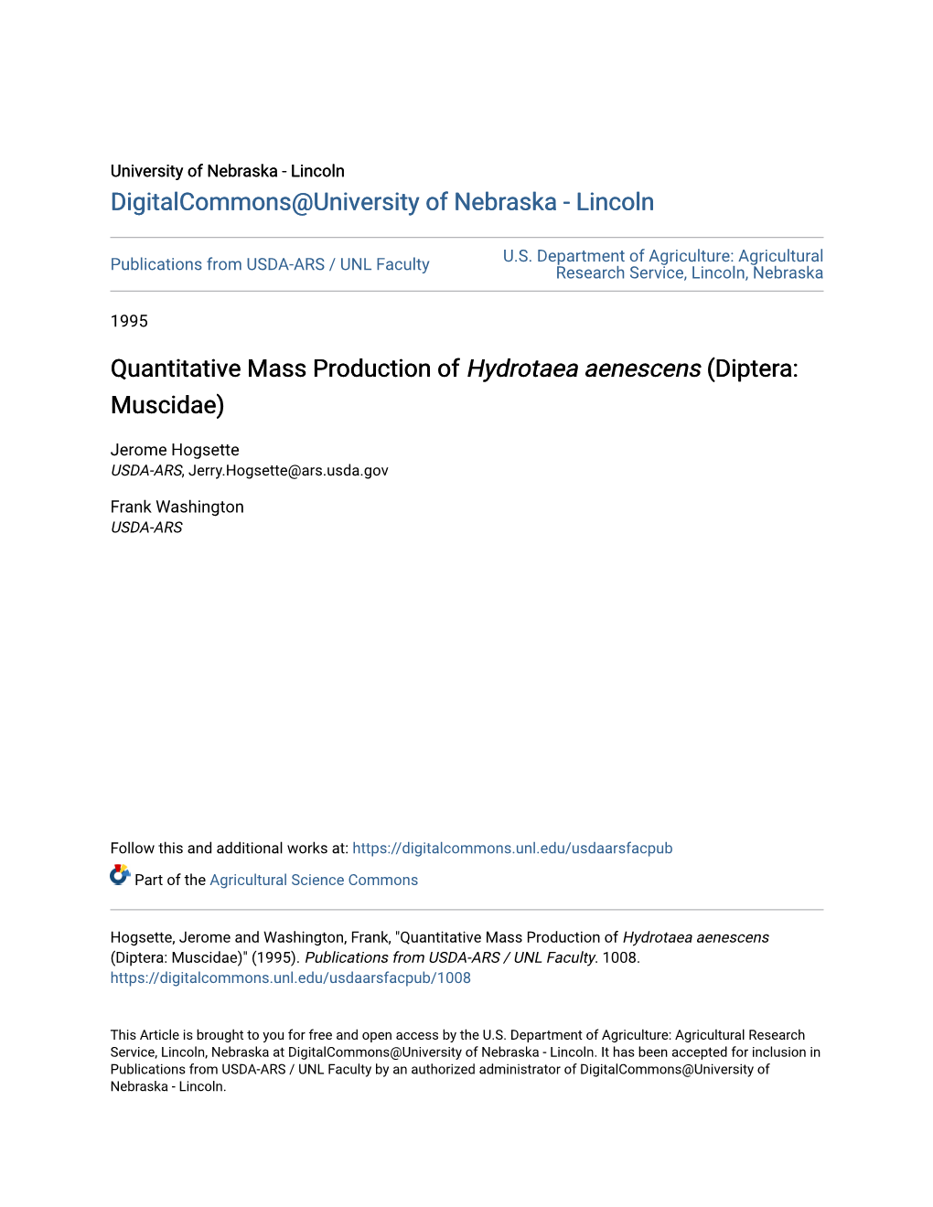 Quantitative Mass Production of &lt;I&gt;Hydrotaea Aenescens&lt;/I