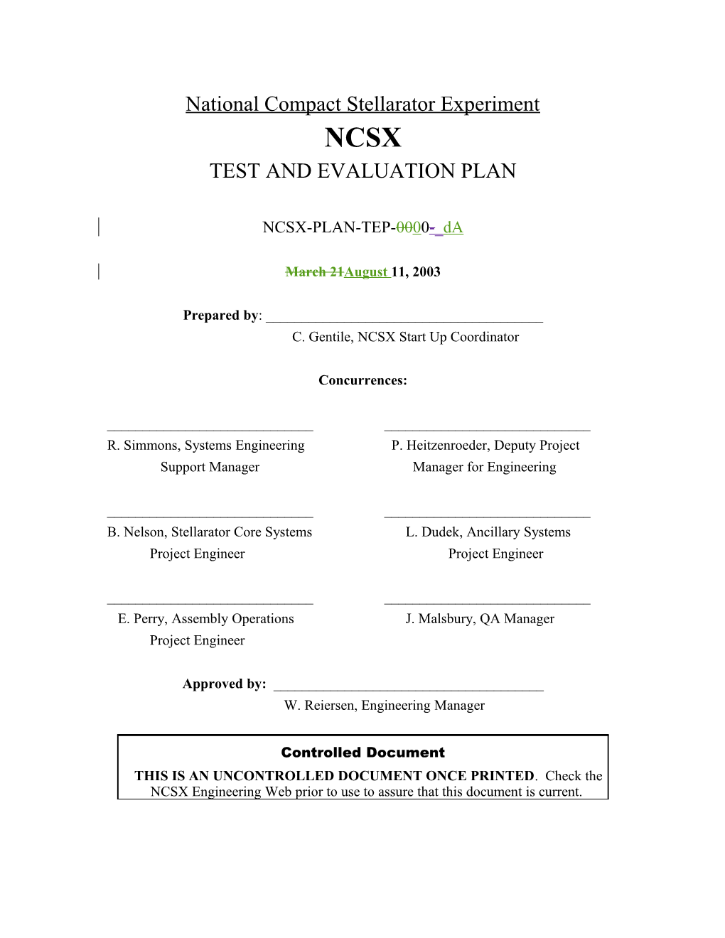 NSTX Documentation & Records Plan