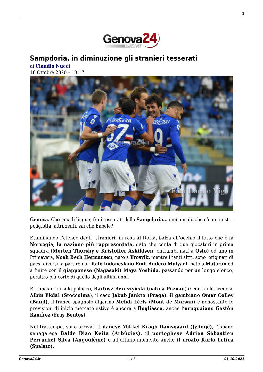 Sampdoria, in Diminuzione Gli Stranieri Tesserati Di Claudio Nucci 16 Ottobre 2020 – 13:17