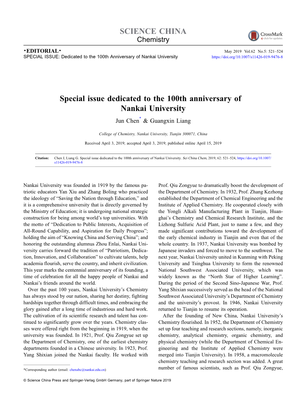 Special Issue Dedicated to the 100Th Anniversary of Nankai University SCIENCE CHINA