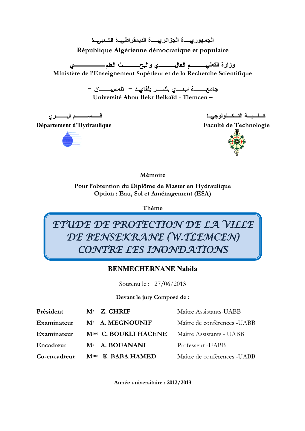 Etude De Protection De La Ville De Bensekrane (W