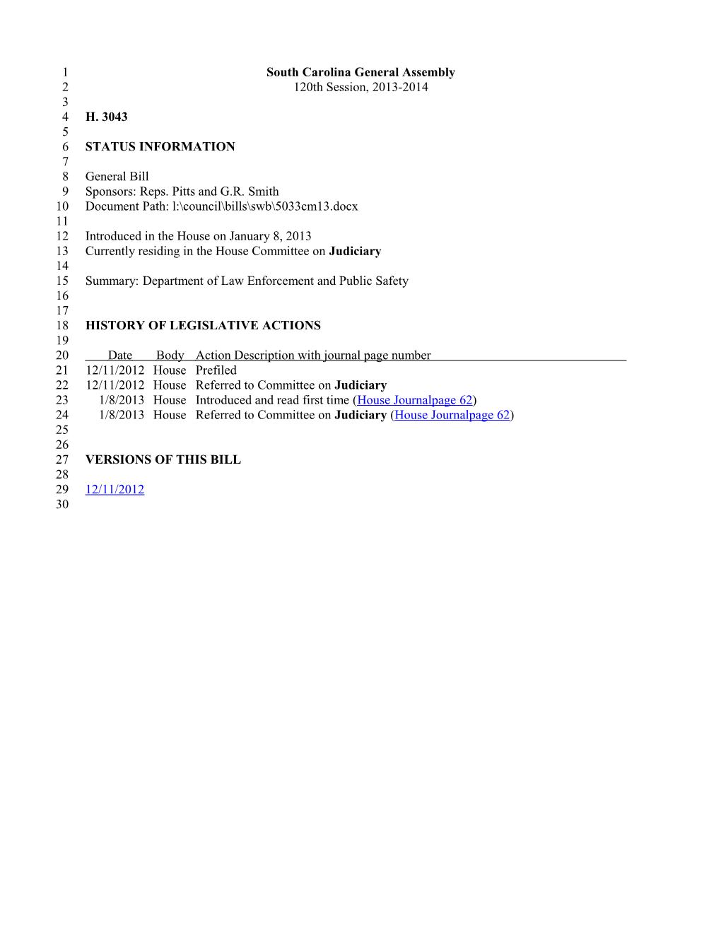 2013-2014 Bill 3043: Department of Law Enforcement and Public Safety - South Carolina