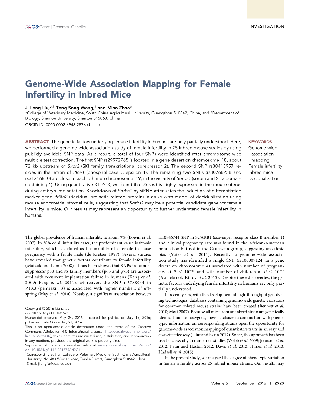 Genome-Wide Association Mapping for Female Infertility in Inbred Mice