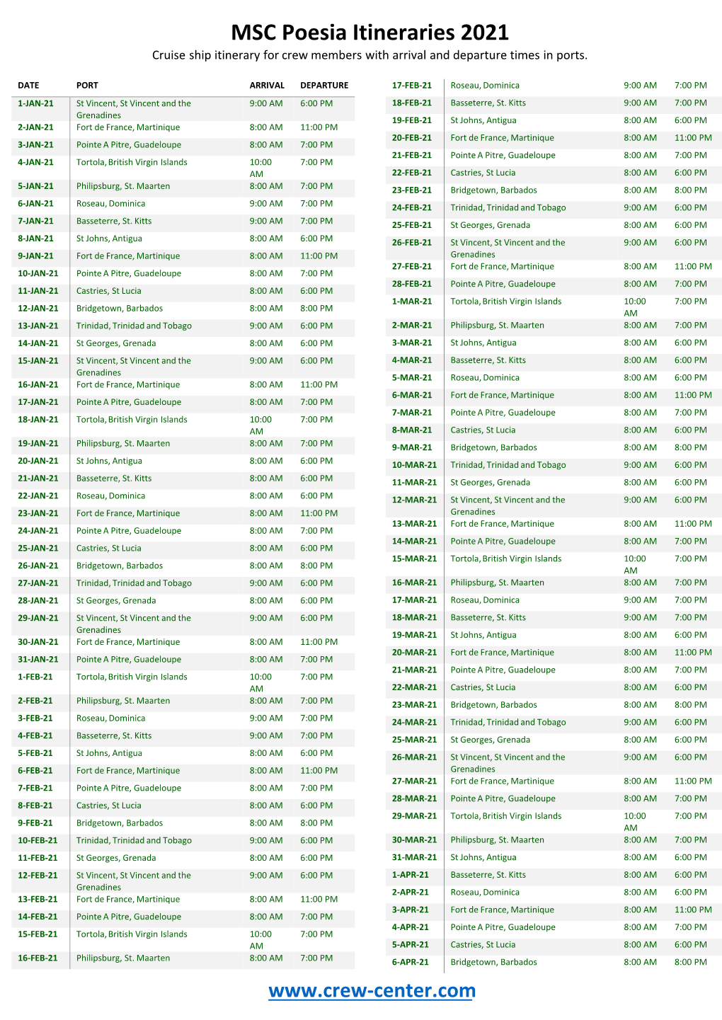 MSC Poesia Itineraries 2021 Cruise Ship Itinerary for Crew Members with Arrival and Departure Times in Ports