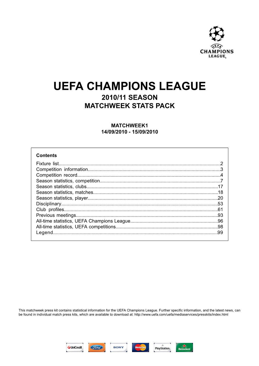 Uefa Champions League 2010/11 Season Matchweek Stats Pack