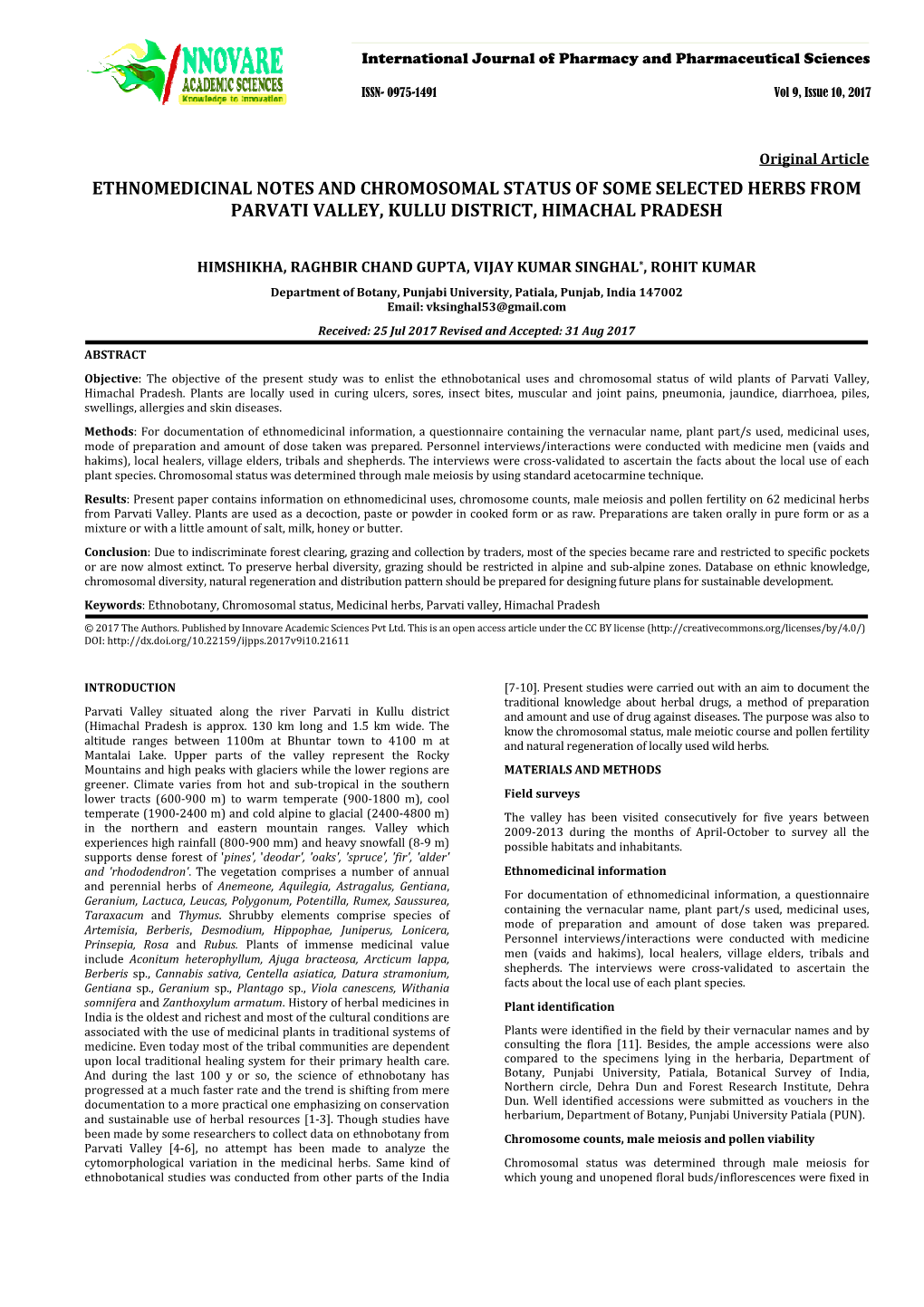 Ethnomedicinal Notes and Chromosomal Status of Some Selected Herbs from Parvati Valley, Kullu District, Himachal Pradesh
