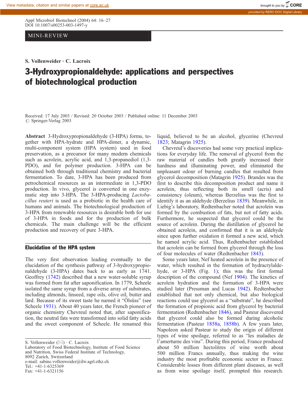 3-Hydroxypropionaldehyde: Applications and Perspectives of Biotechnological Production