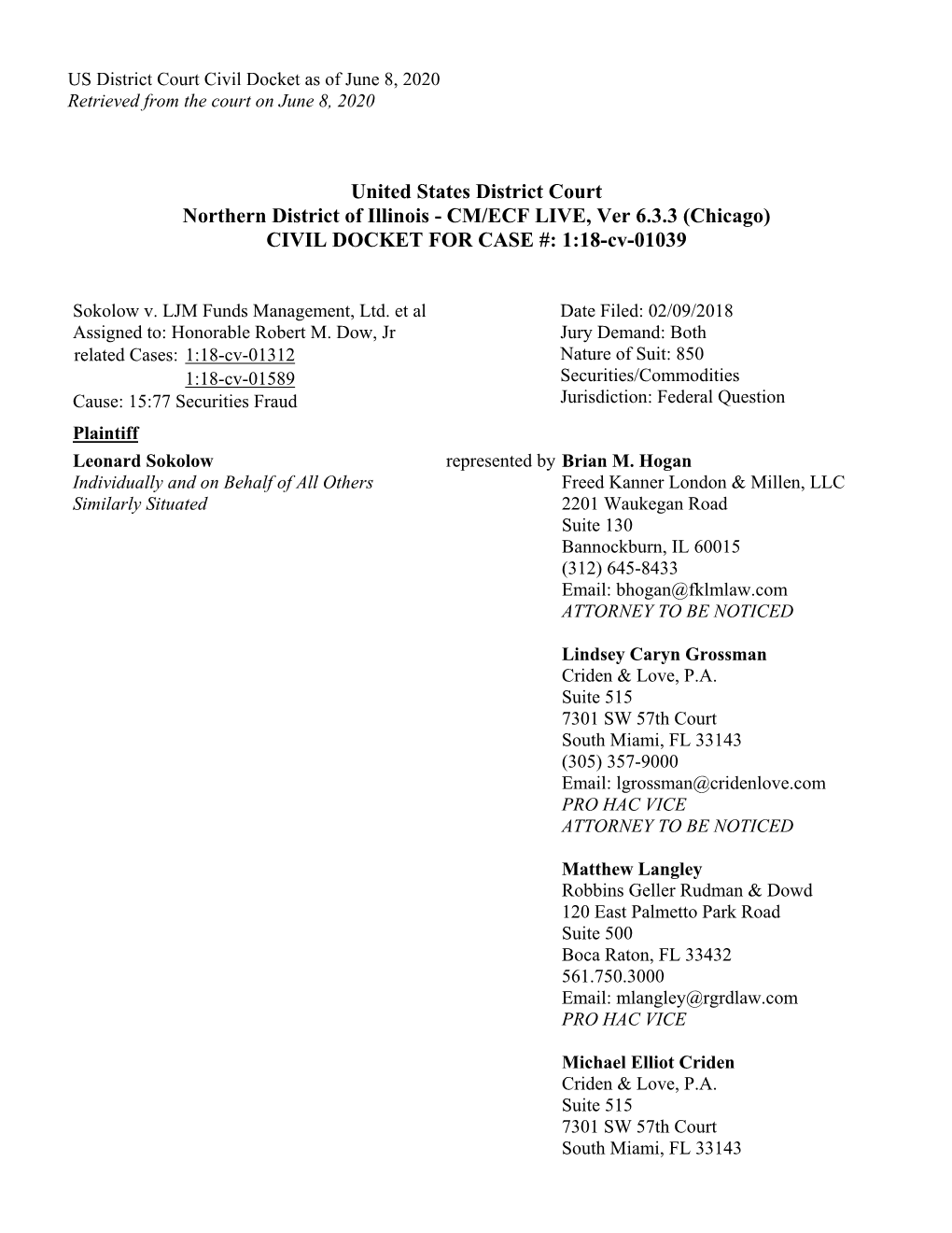 Leonard Sokolow, Et Al. V. LJM Funds Management, Ltd., Et Al. 18-CV