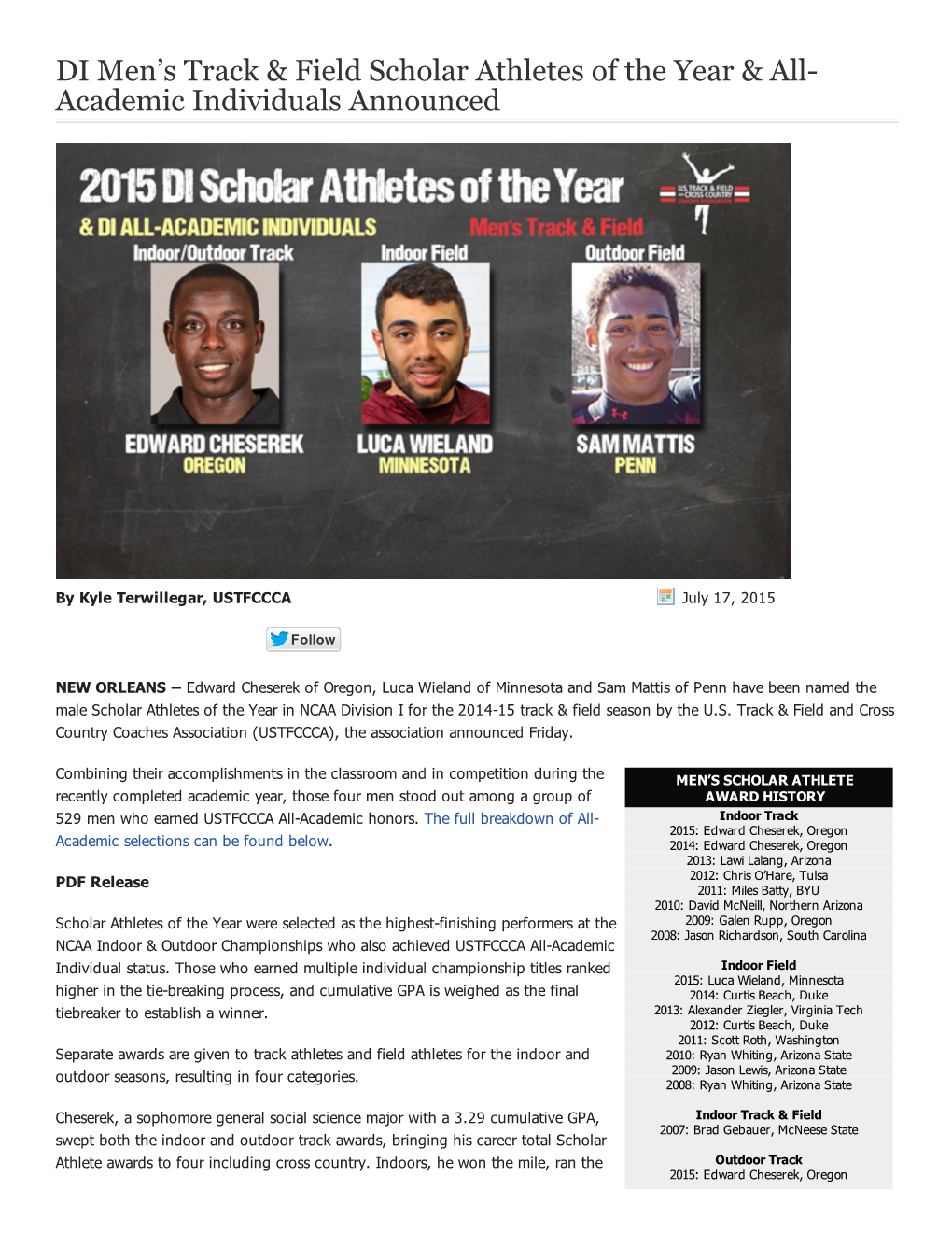 DI Men's Track & Field Scholar Athletes of the Year & All Academic