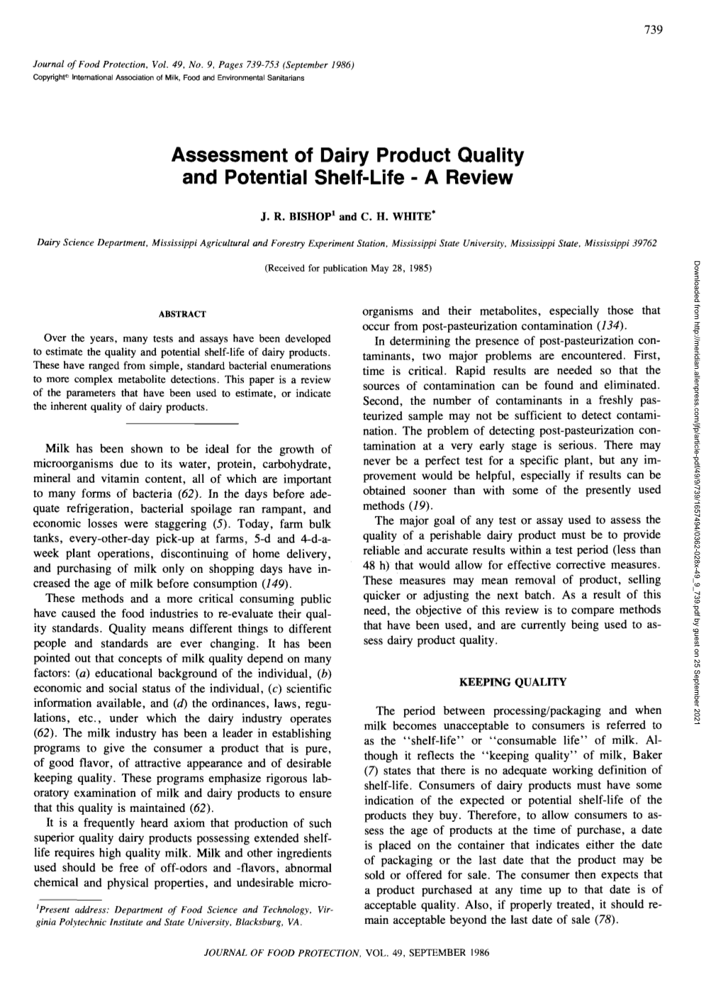 Assessment of Dairy Product Quality and Potential Shelf-Life - a Review