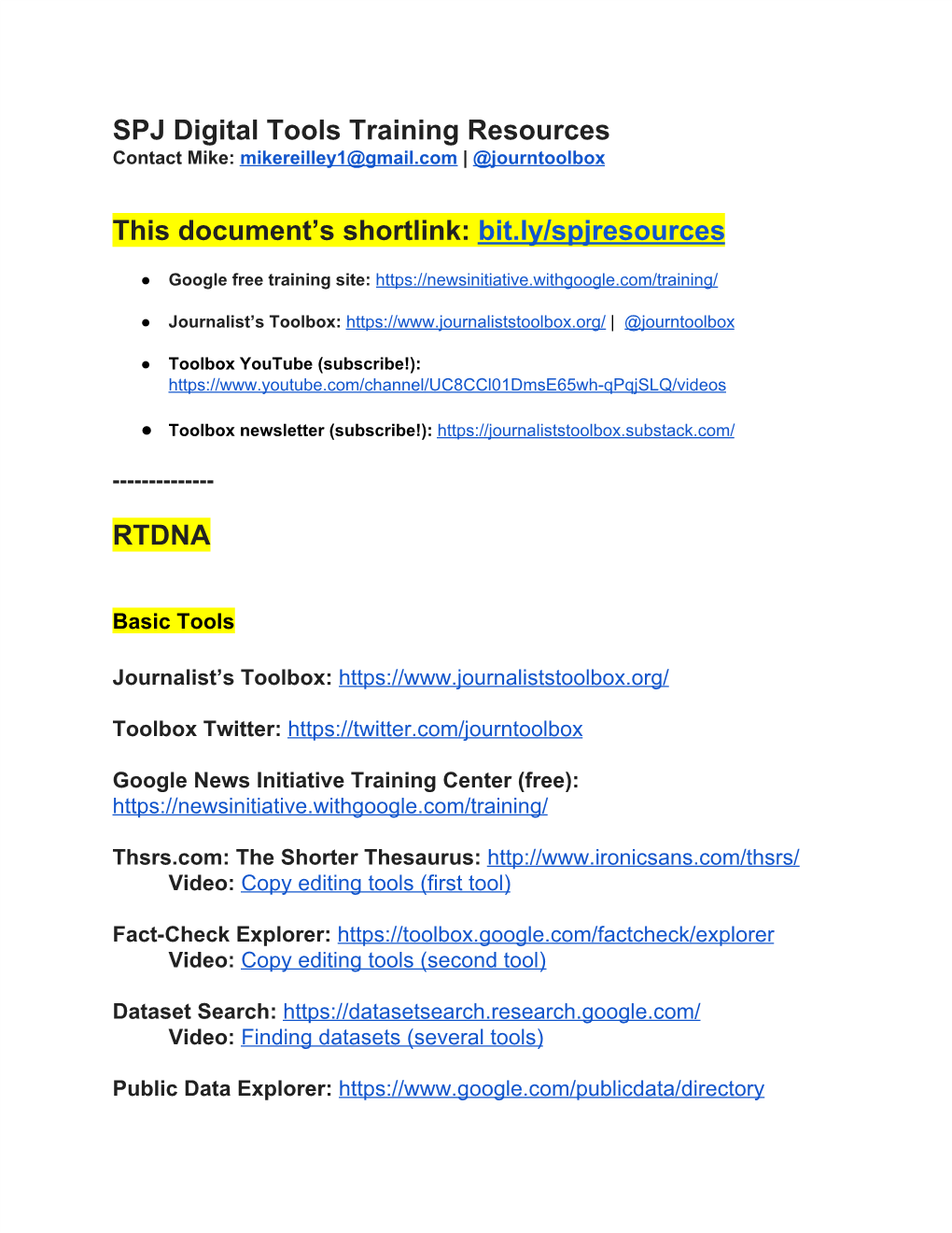 SPJ Digital Tools Training Resources This Document's Shortlink: ​Bit.Ly