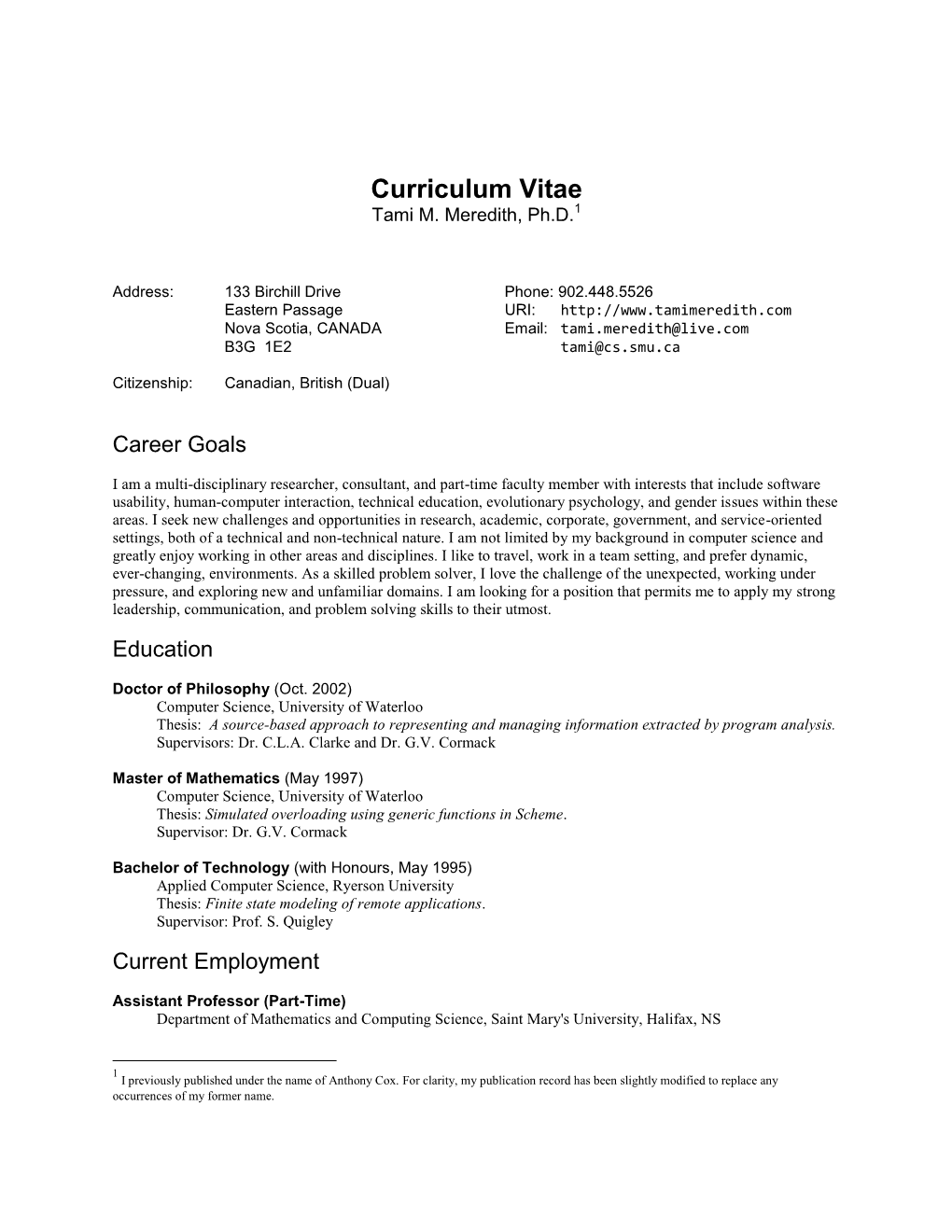 Curriculum Vitae Tami M