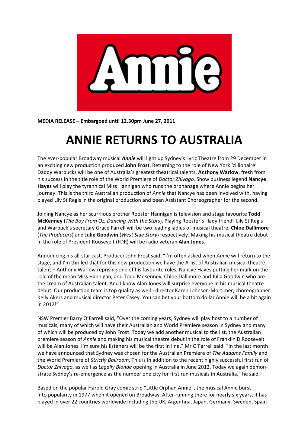 Annie Returns to Australia