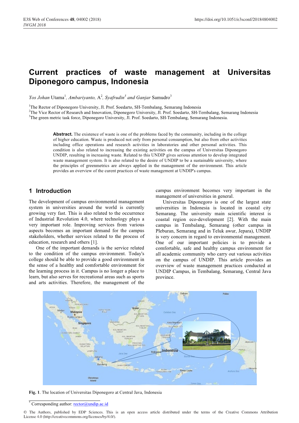 Current Practices of Waste Management at Universitas Diponegoro Campus, Indonesia