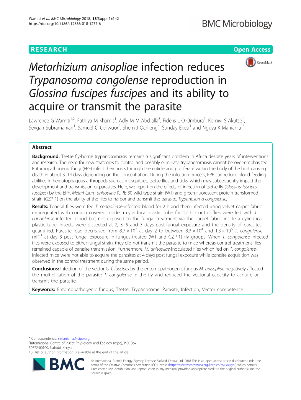 Metarhizium Anisopliae Infection Reduces Trypanosoma Congolense