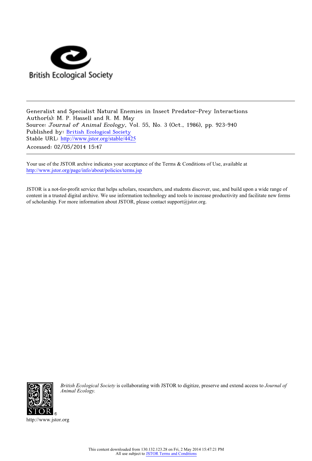 Generalist and Specialist Natural Enemies in Insect Predator-Prey Interactions Author(S): M