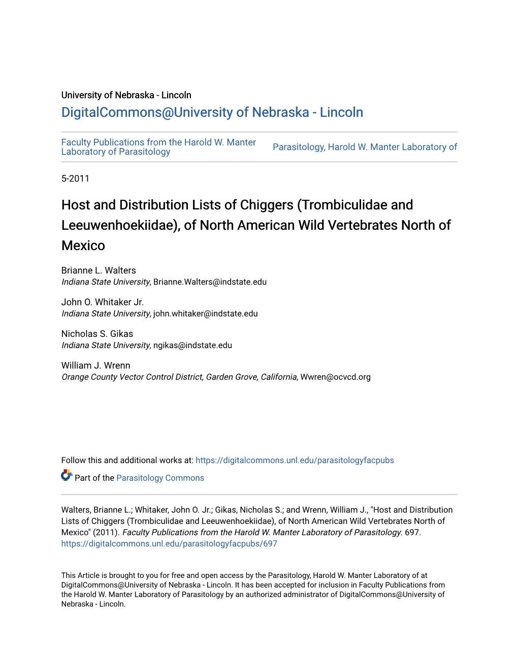 Host and Distribution Lists of Chiggers (Trombiculidae and Leeuwenhoekiidae), of North American Wild Vertebrates North of Mexico