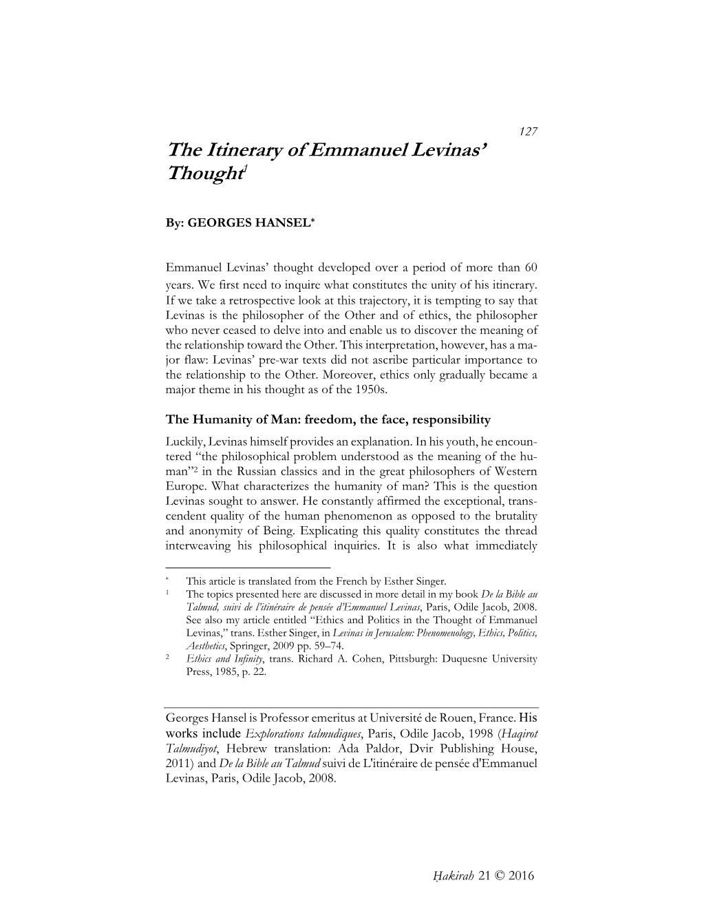 The Itinerary of Emmanuel Levinas' Thought