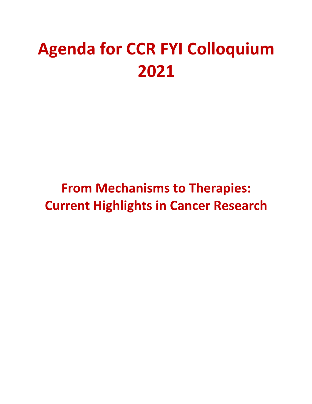 Agenda for CCR FYI Colloquium 2021