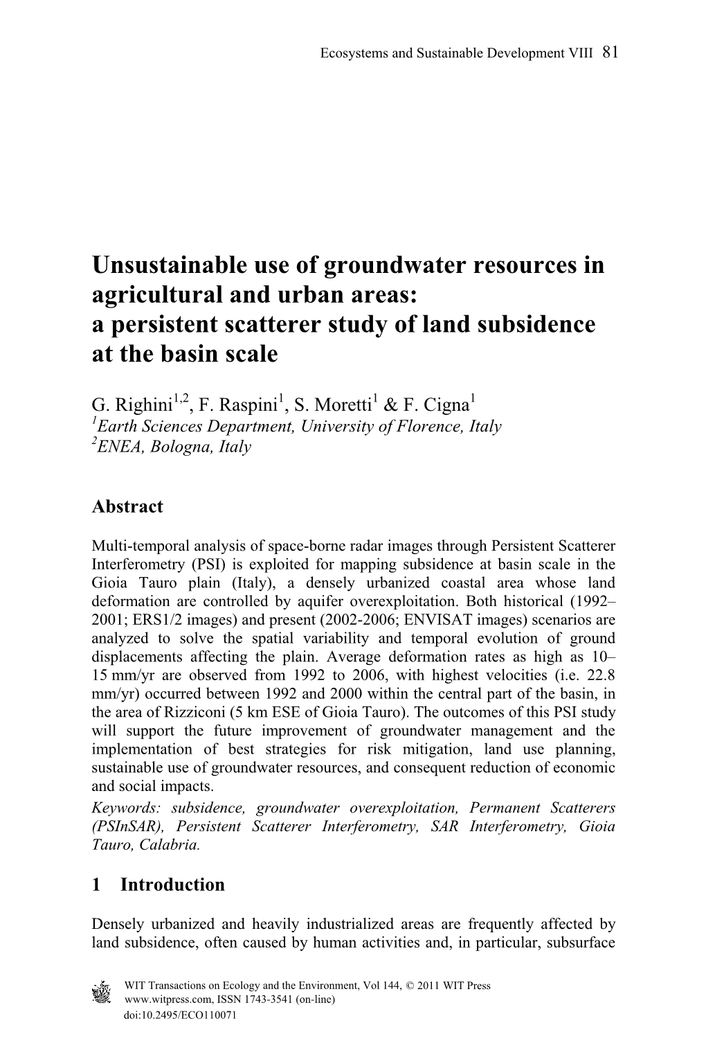 A Persistent Scatterer Study of Land Subsidence at the Basin Scale