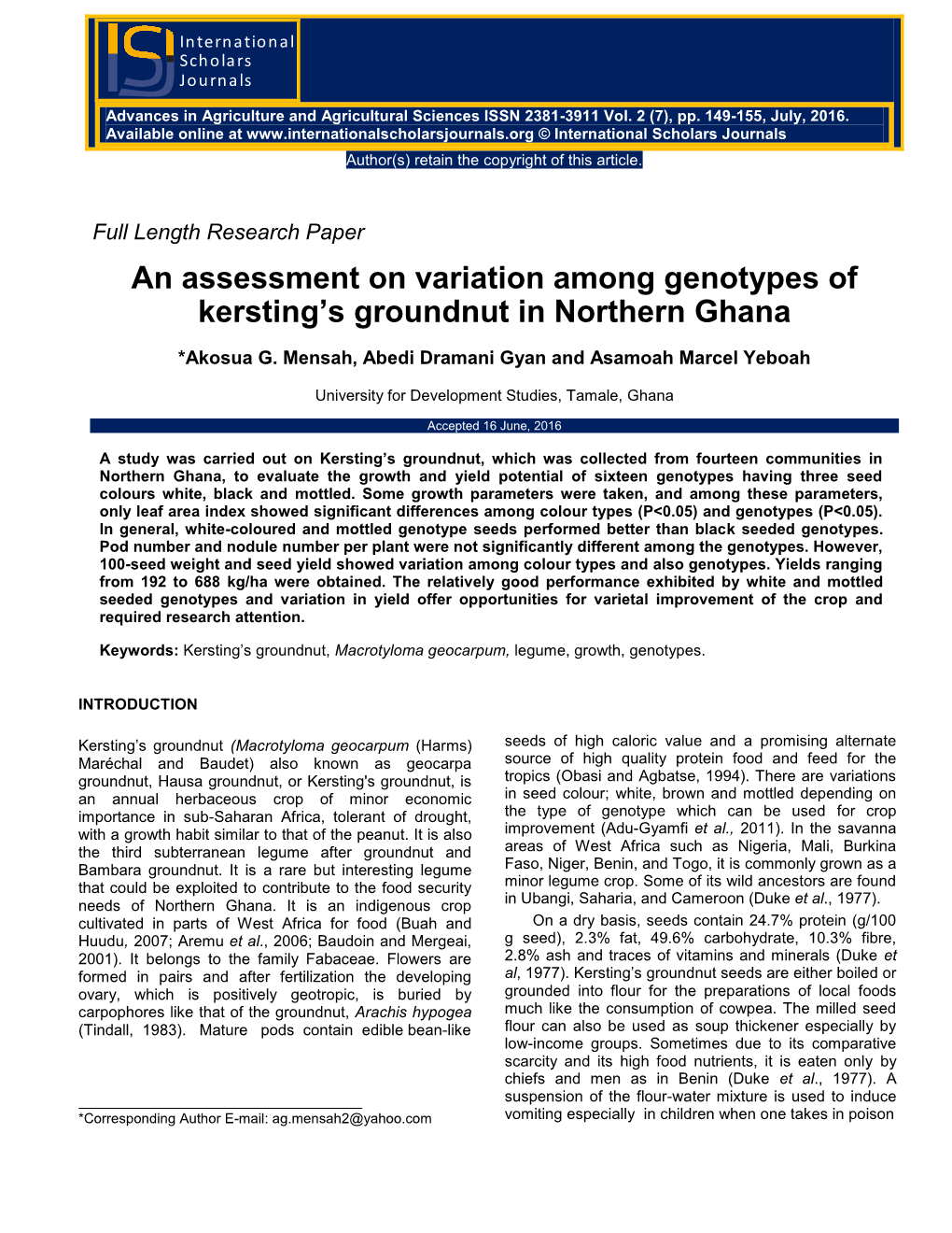 An Assessment on Variation Among Genotypes of Kersting's Groundnut