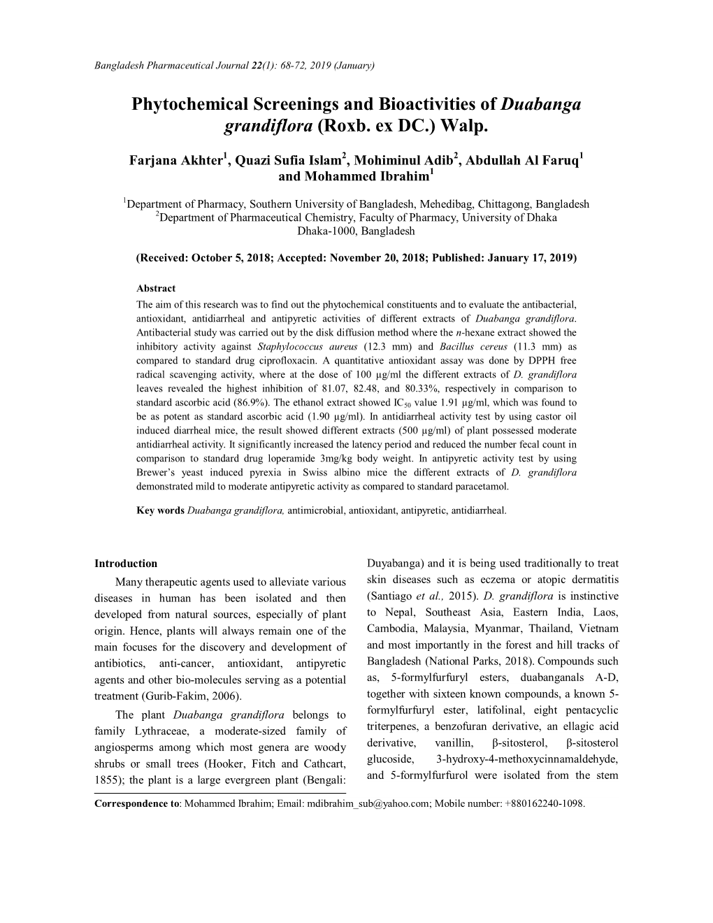 Phytochemical Screenings and Bioactivities of Duabanga Grandiflora (Roxb. Ex DC.) Walp