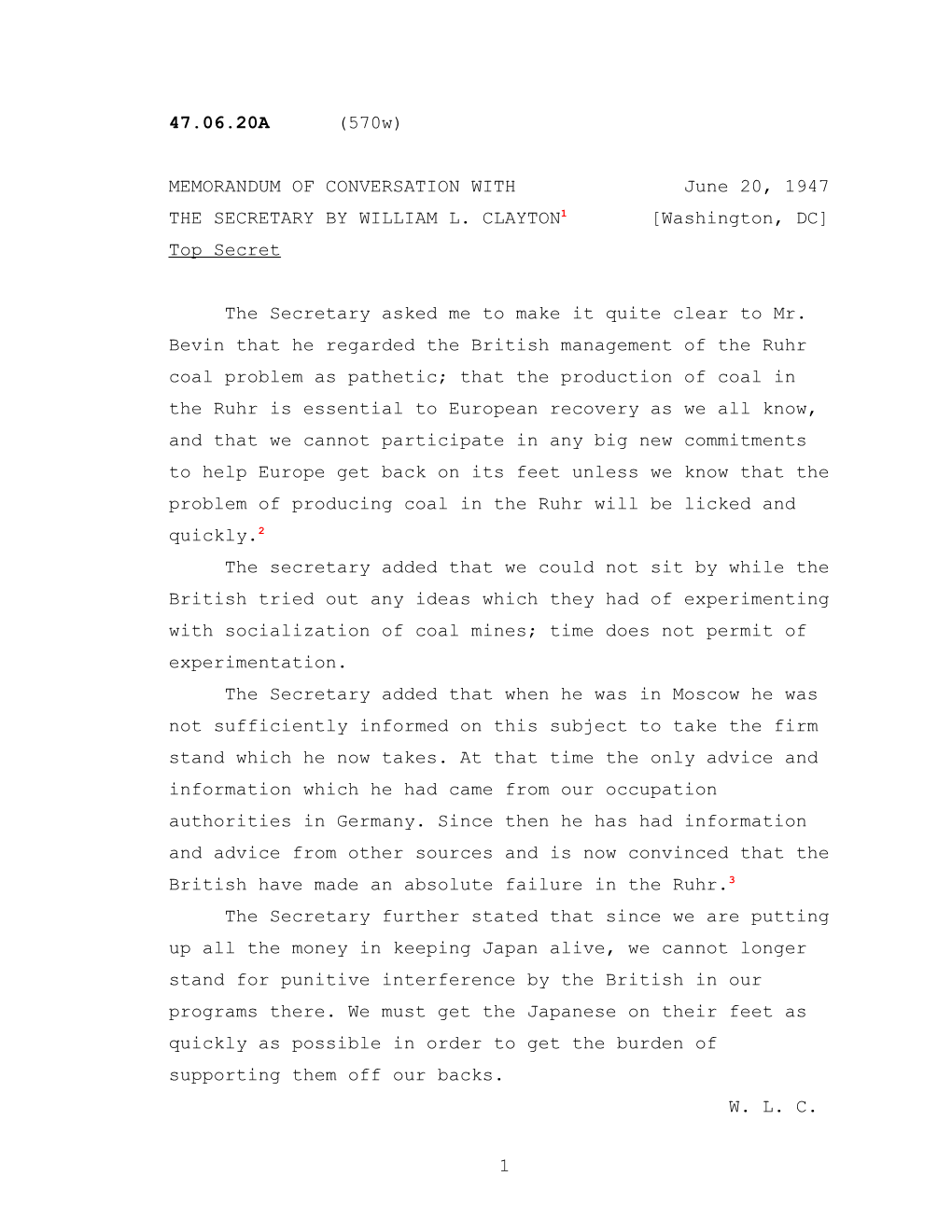 MEMORANDUM of CONVERSATION with June 20, 1947