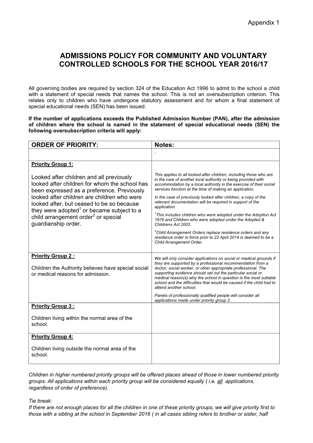 Admissions Policy for Community and Voluntary Controlled Schools for the School Year 2016/17