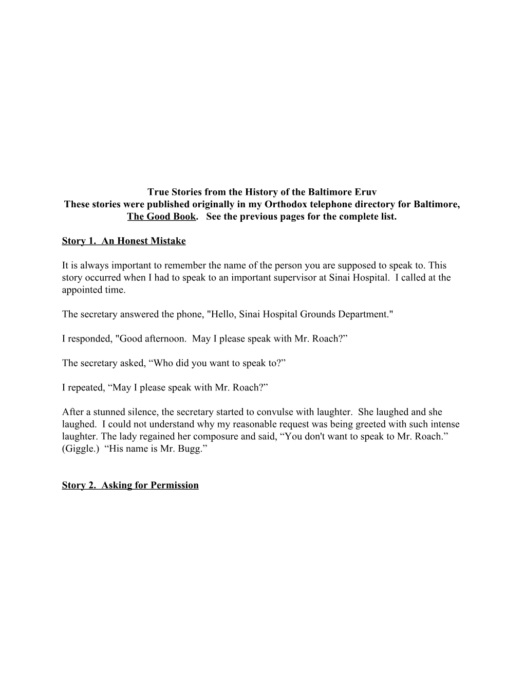 True Stories from the History of the Baltimore Eruv These Stories Were Published Originally in My Orthodox Telephone Directory for Baltimore, the Good Book