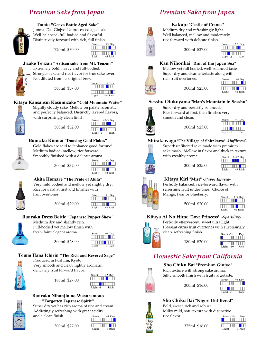 Domestic Sake from California Premium Sake from Japan Premium Sake from Japan