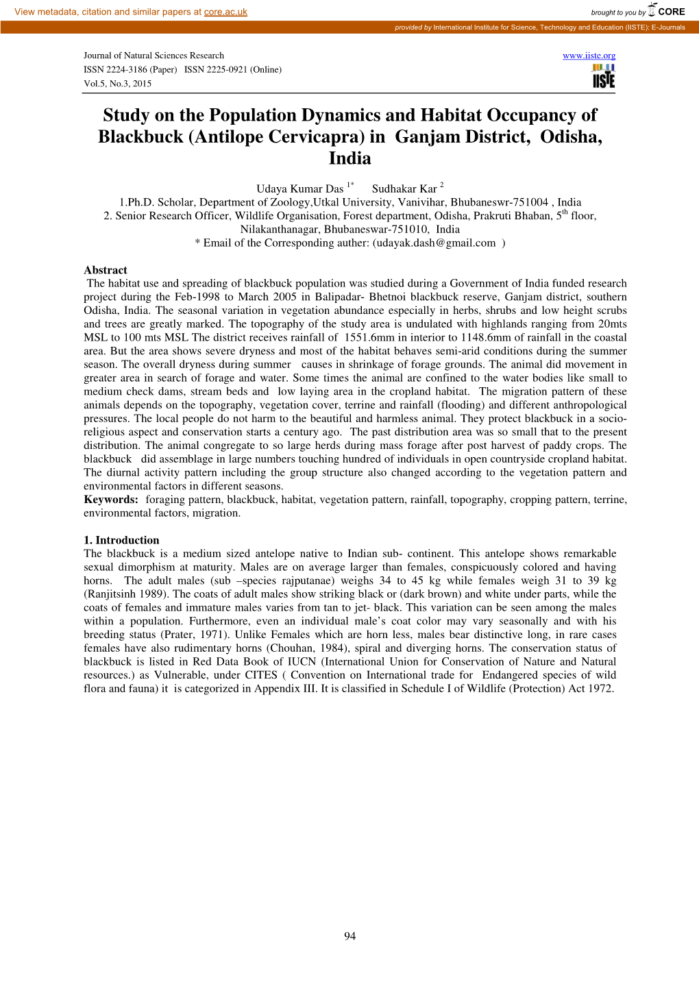 Study on the Population Dynamics and Habitat Occupancy of Blackbuck (Antilope Cervicapra) in Ganjam District, Odisha, India