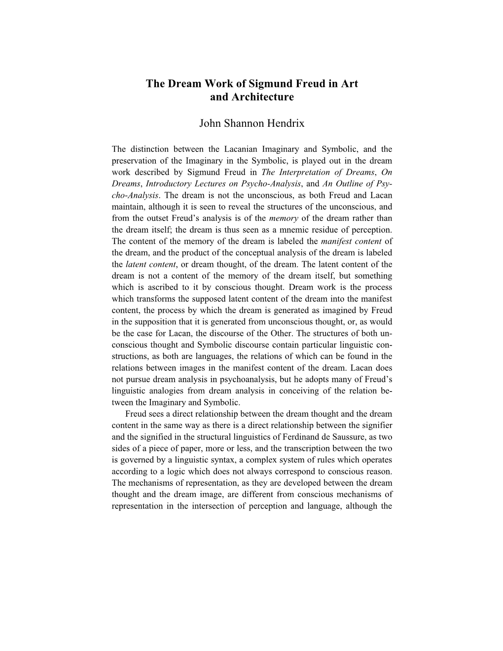 The Dream Work of Sigmund Freud in Art and Architecture John Shannon Hendrix