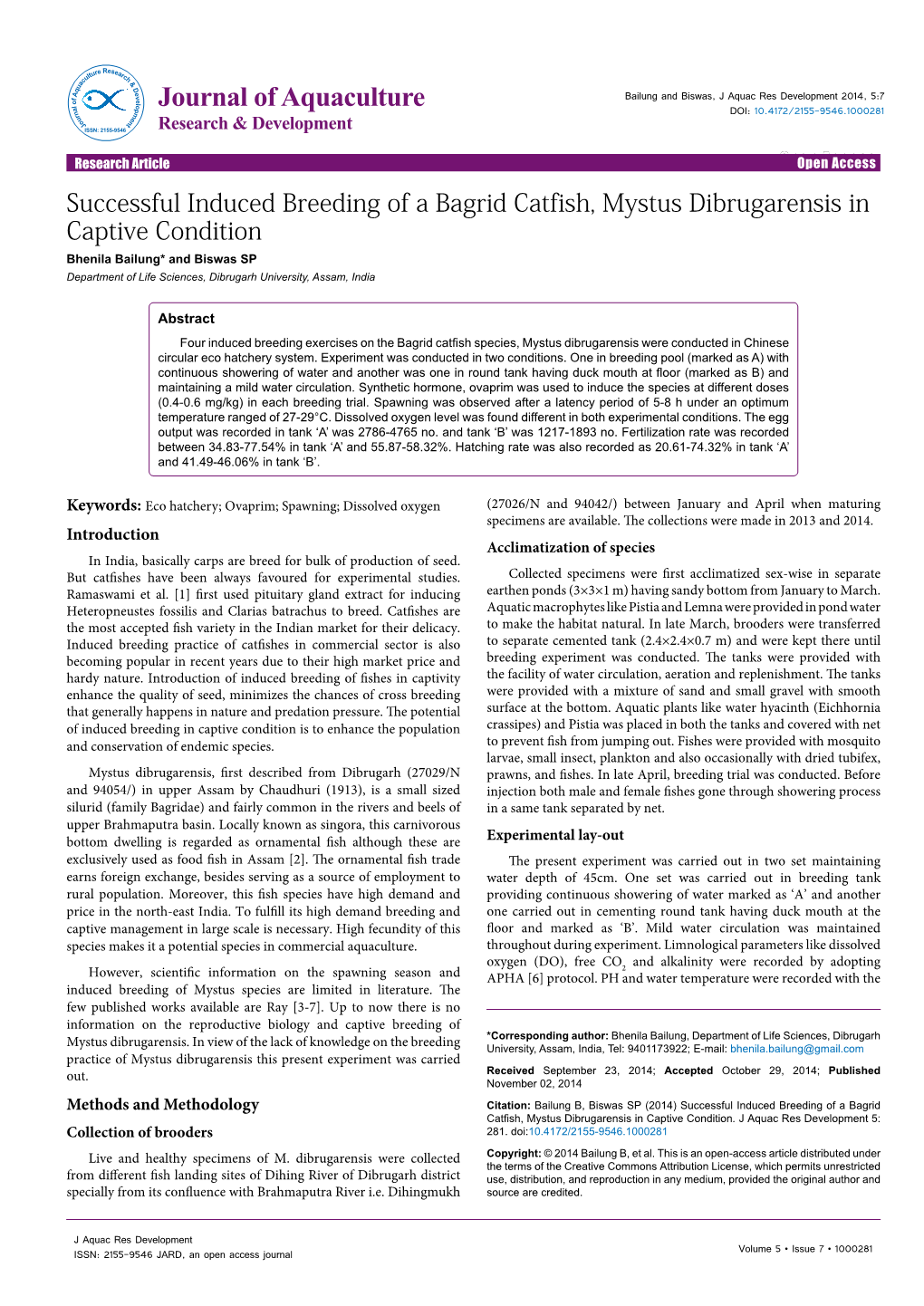 Successful Induced Breeding of a Bagrid Catfish, Mystus