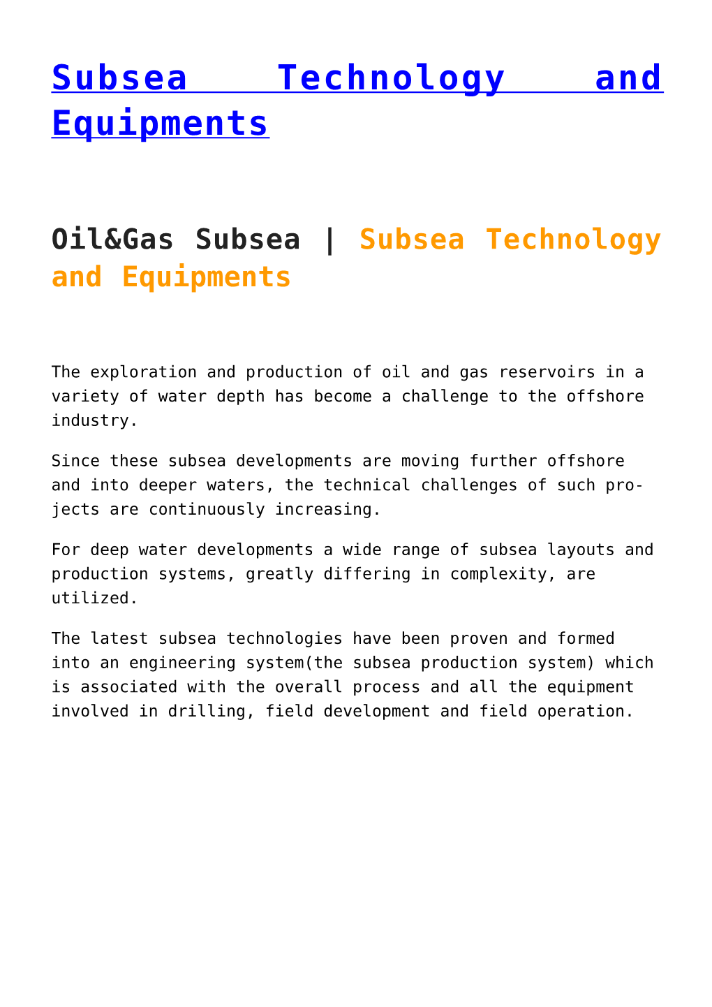 Subsea Technology and Equipments