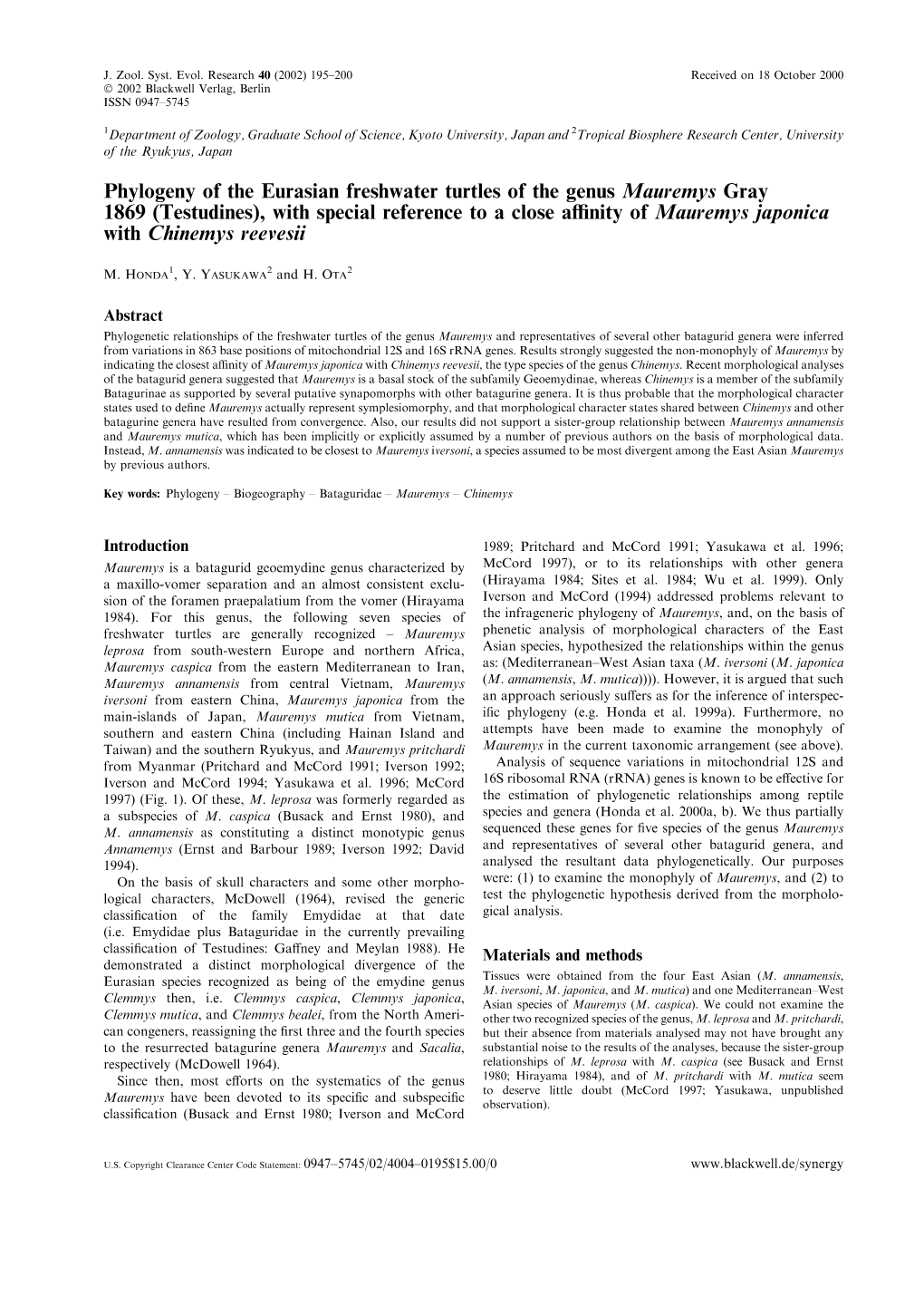 Phylogeny of the Eurasian Freshwater Turtles of the Genus Mauremys Gray