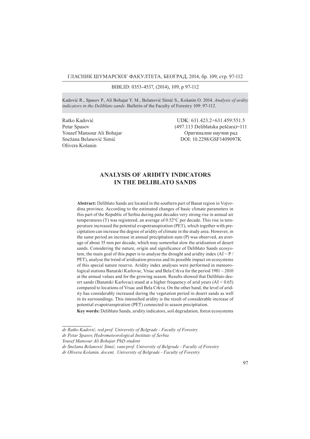 Analysis of Aridity Indicators in the Deliblato Sands