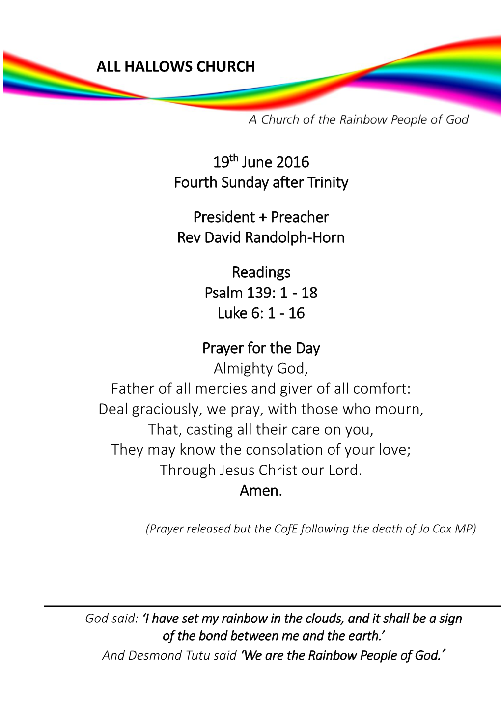 HALLOWS CHURCH 19Th June 2016 Fourth Sunday After Trinity