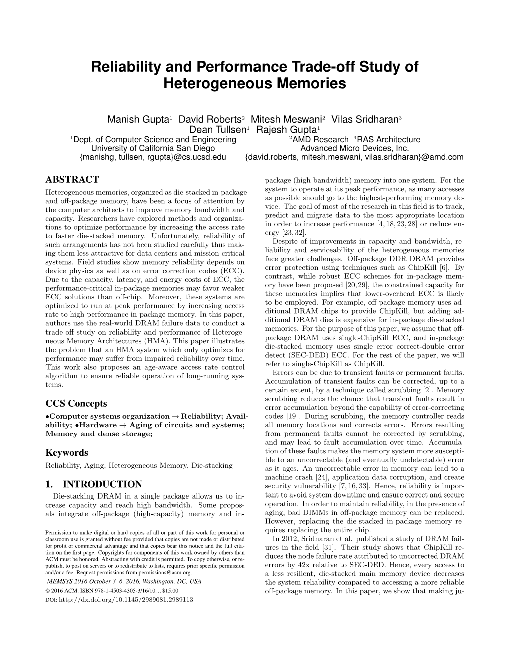 Reliability and Performance Trade-Off Study of Heterogeneous Memories